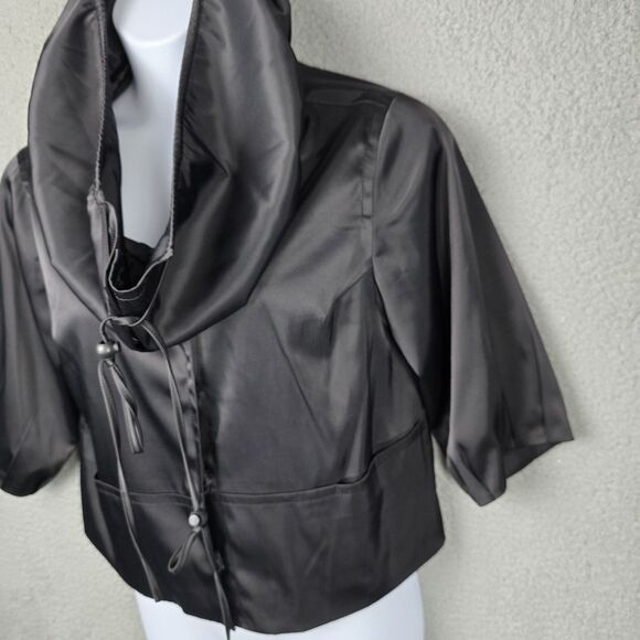 ECI New York Jacket Womens 12 Black Satin Big Collar Swing Crop Pockets Stretch - Picture 7 of 16